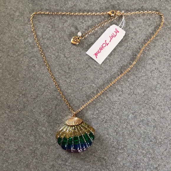 Betsey Johnson Gold Tone Resin Rainbow Seashell Pendant Necklace Glitter Accent - Picture 11 of 12